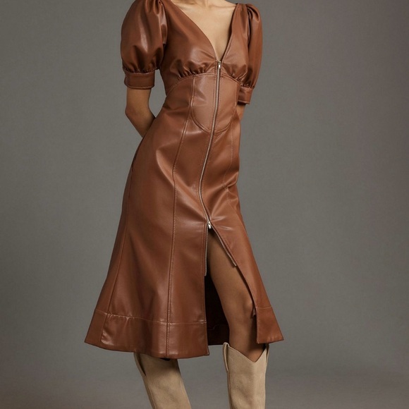 Brown Faux Leather Midi Dress - Picture 2 of 2